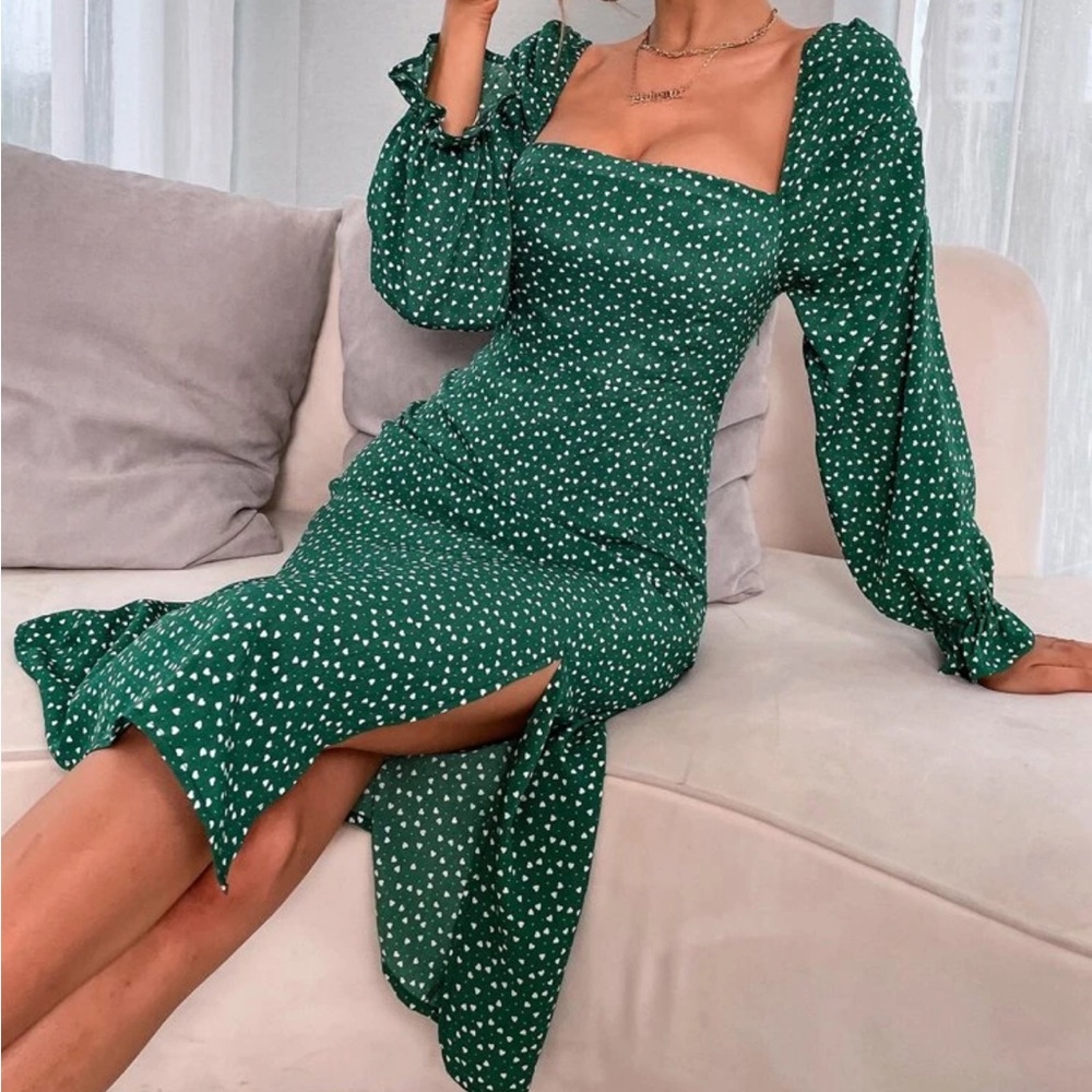 Confetti Heart Print Square Neck Slit Hem Dress